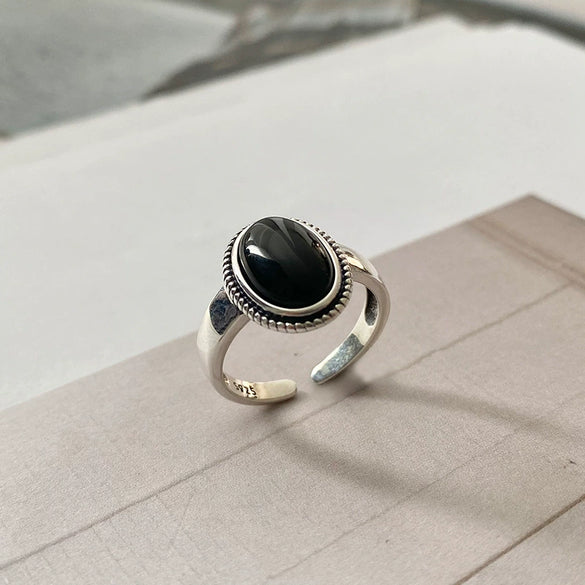 Sterling Silver Black Agate Ring Female Retro Opening Adjustable Jewelry Silver Jewelry Spot Wholesale