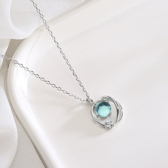 Sterling Silver Blue Crystal Glaze Geometric Pendant Necklace With Cross Chain And Diamond Finish For Women