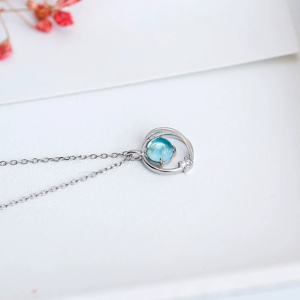Sterling Silver Blue Crystal Glaze Geometric Pendant Necklace With Cross Chain And Diamond Finish For Women