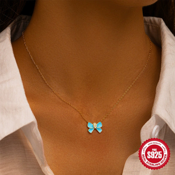 925 Sterling Silver Butterfly Bow Pattern Drop Oil Imitation Enamel Electroplated Clavicle Chain Necklace For Women