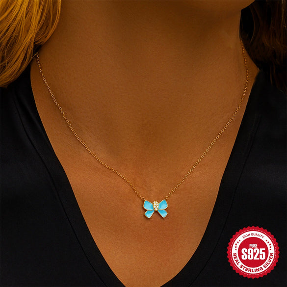925 Sterling Silver Butterfly Bow Pattern Drop Oil Imitation Enamel Electroplated Clavicle Chain Necklace For Women