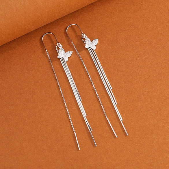925 Sterling Silver Butterfly Bow Tassel Drop Earrings Light Luxury Fashion Animal Style Elegant Face Slimming Earrings For Women