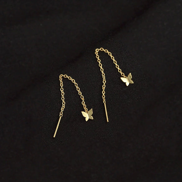 Sterling Silver Butterfly Ear Threader Earrings For Women With Long Chain Ear Stud Design