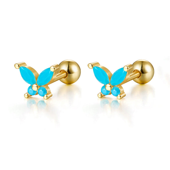925 Sterling Silver Butterfly Piercing Screw Earrings With Colored Diamond For Women