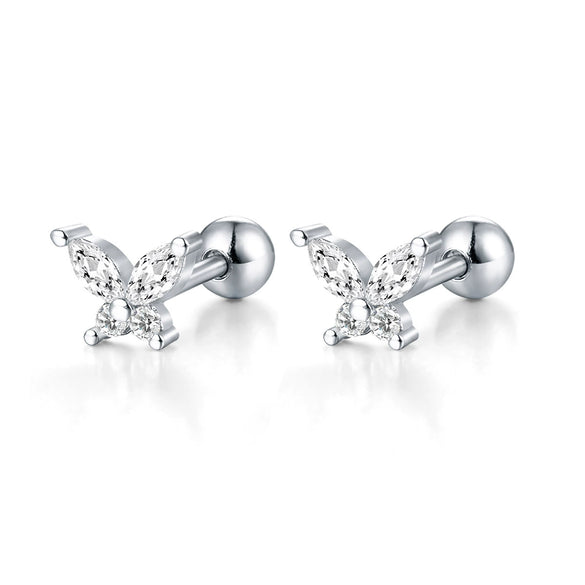 925 Sterling Silver Butterfly Piercing Screw Earrings With Colored Diamond For Women
