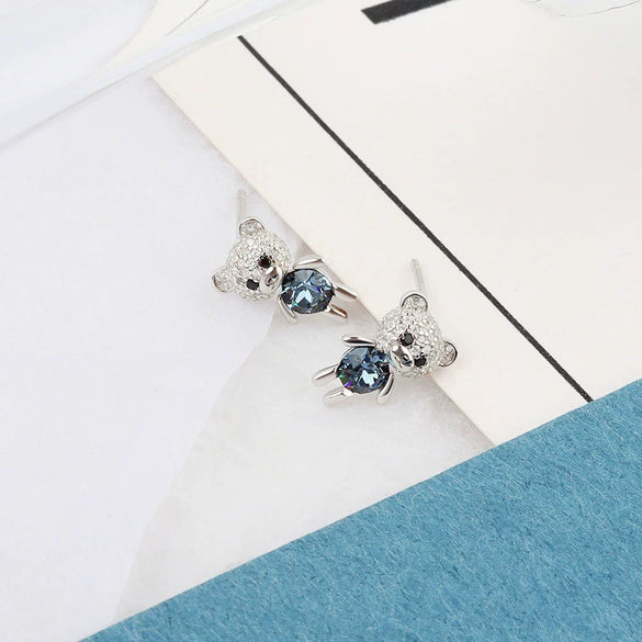 925 Sterling Silver Cartoon Bear Doll Necklace And Earring Set With Crystal Geometric Pendant Electroplated Fashion Jewelry For Women