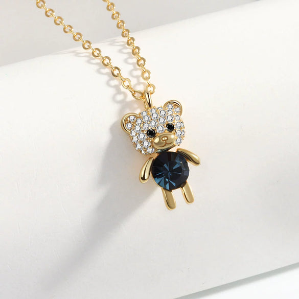 925 Sterling Silver Cartoon Bear Doll Necklace And Earring Set With Crystal Geometric Pendant Electroplated Fashion Jewelry For Women