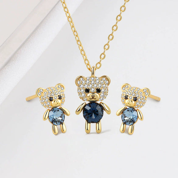 925 Sterling Silver Cartoon Bear Doll Necklace And Earring Set With Crystal Geometric Pendant Electroplated Fashion Jewelry For Women