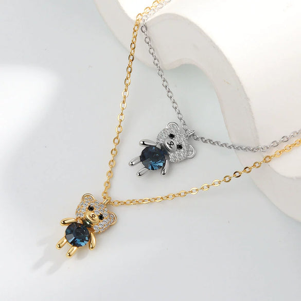 925 Sterling Silver Cartoon Bear Doll Necklace And Earring Set With Crystal Geometric Pendant Electroplated Fashion Jewelry For Women