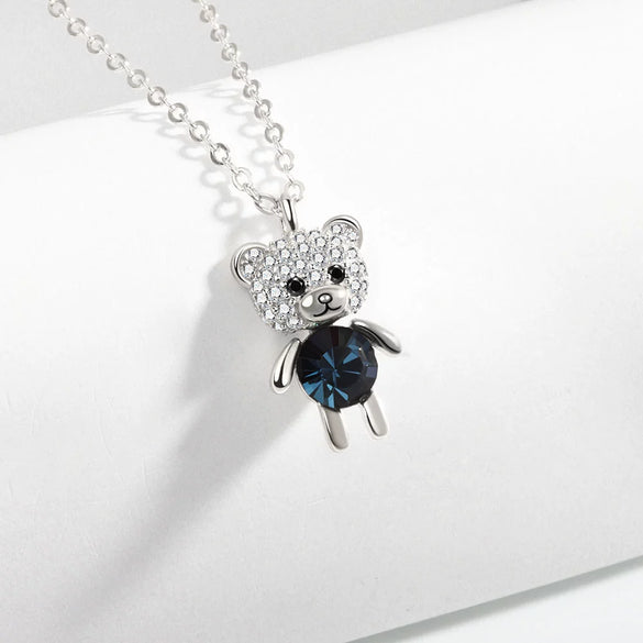 925 Sterling Silver Cartoon Bear Doll Necklace And Earring Set With Crystal Geometric Pendant Electroplated Fashion Jewelry For Women