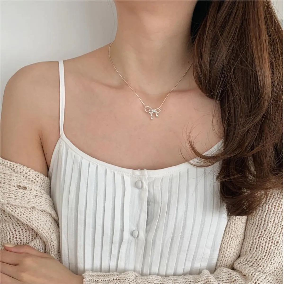 Sterling Silver Casual Chain Geometric Bow Knot Pendant Necklace