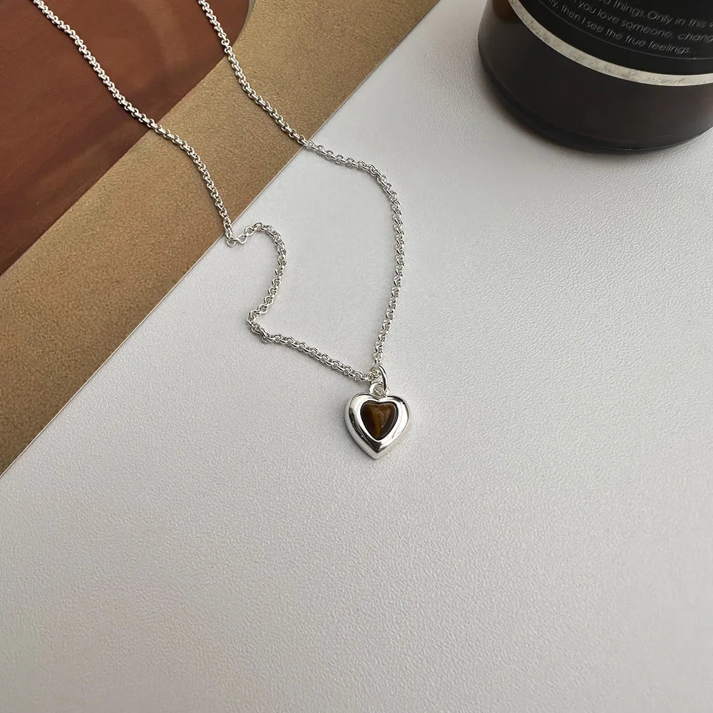 Sterling Silver Casual Chain Geometric Heart Shape Pendant Necklace