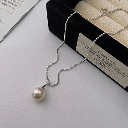 Sterling Silver Casual Chain Round Pearl Pendant Necklace