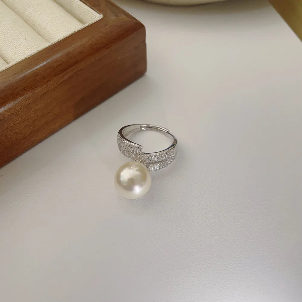 Sterling Silver Casual Inlay Solid Color Pearl Rings