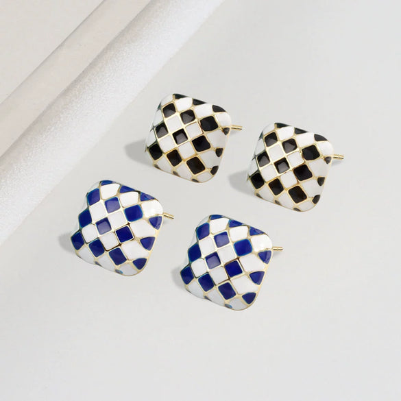 925 Sterling Silver Checkerboard Earrings For Women Minimalist Elegant Electroplated Daily Wear Stud Earrings