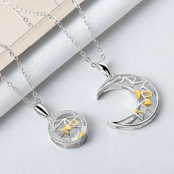 Sterling Silver Couple Necklaces With Planet Moon Pattern And Electroplating Design