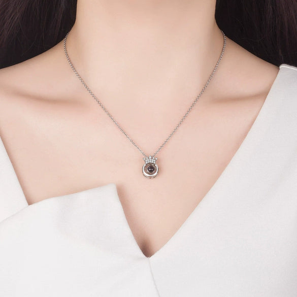 925 Sterling Silver Crown Pendant Necklace With Love Projection Memory Design Electroplated Cross Chain Clavicle Necklace