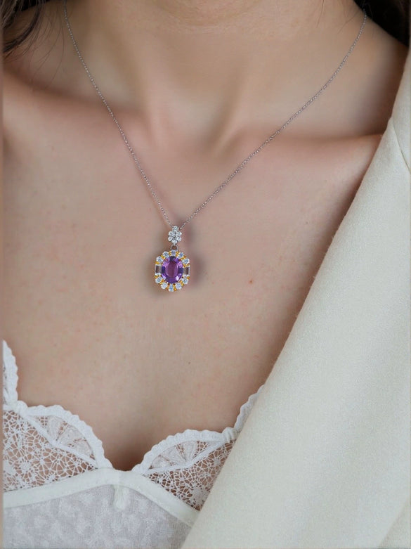 Sterling Silver Crystal Geometric Amethyst Pendant Collarbone Necklace Set With Gemstones Unisex