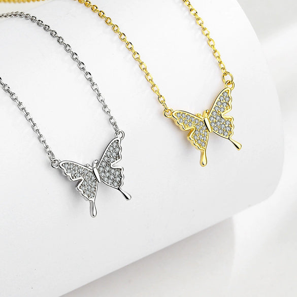 Sterling Silver 925 Diamond Geometric Butterfly Necklace For Women