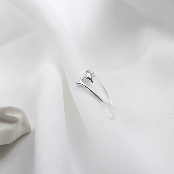 Sterling Silver Dolphin Adjustable Open Ring For Women Simple Cute Animal Design With Electroplated Finish