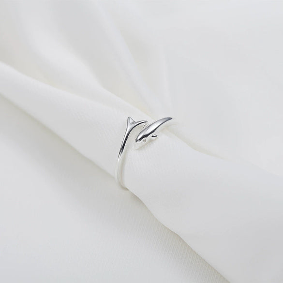 Sterling Silver Dolphin Adjustable Open Ring For Women Simple Cute Animal Design With Electroplated Finish