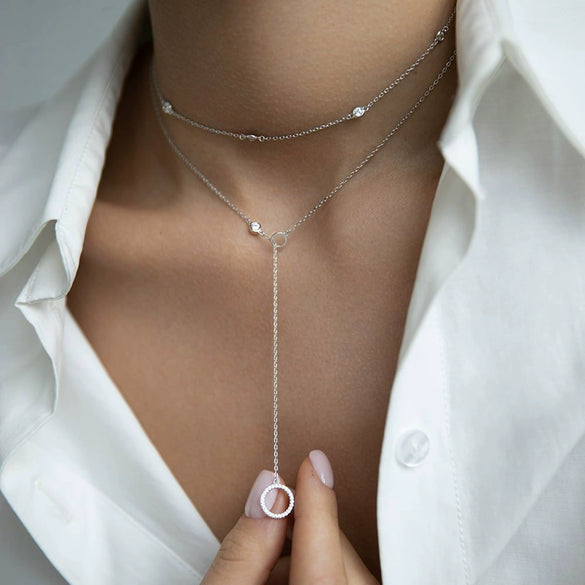 925 Sterling Silver Double Layer Stacked Geometric Round Zircon Long Necklace With High End Sense