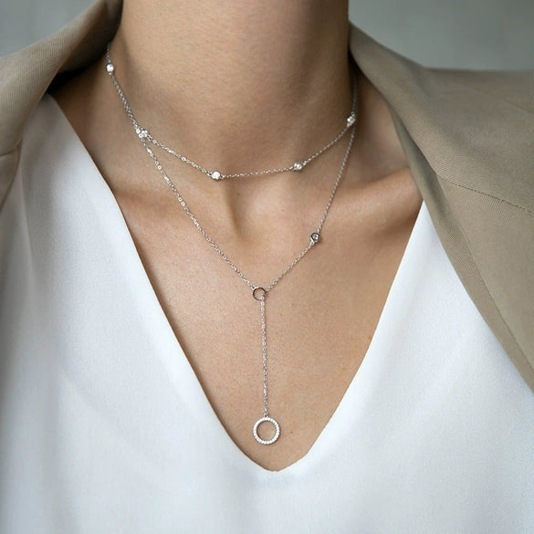 925 Sterling Silver Double Layer Stacked Geometric Round Zircon Long Necklace With High End Sense