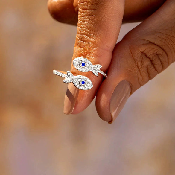 Sterling Silver Double Pair Small Fish Set Zircon Ring Women's Electroplated Geometric Style