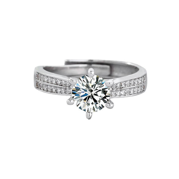 Sterling Silver Double Row Zircon Crown Ring With Six Claw Setting And Adjustable Open Design Simulated Diamond Geometric Jewelry