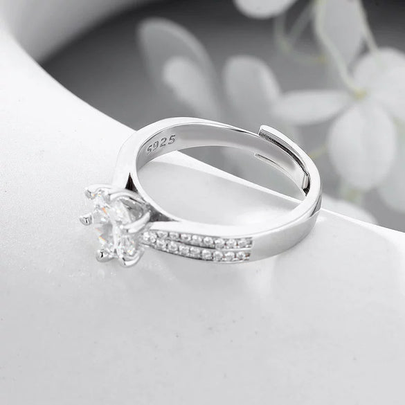Sterling Silver Double Row Zircon Crown Ring With Six Claw Setting And Adjustable Open Design Simulated Diamond Geometric Jewelry