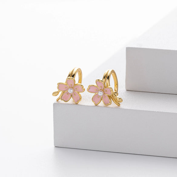 Sterling Silver Ear Clip With Three Dimensional Cherry Blossom Pattern Electroplated Women's Jewelry