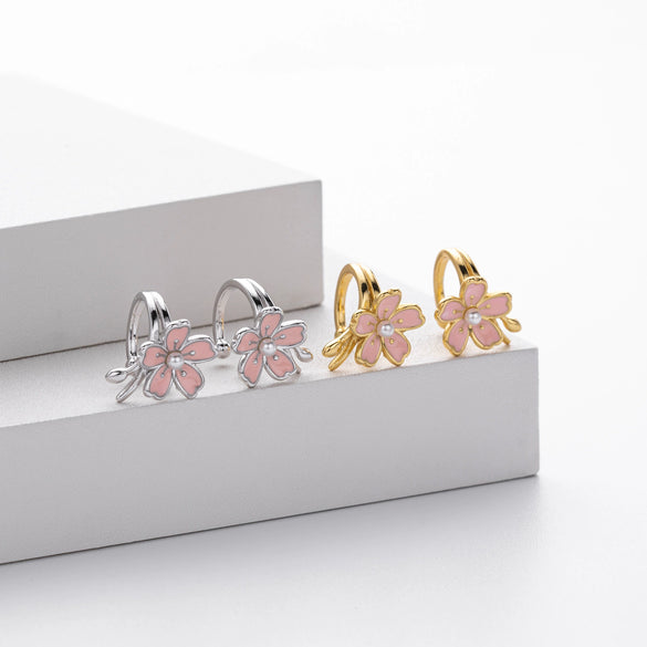 Sterling Silver Ear Clip With Three Dimensional Cherry Blossom Pattern Electroplated Women's Jewelry