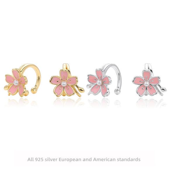 Sterling Silver Ear Clip With Three Dimensional Cherry Blossom Pattern Electroplated Women's Jewelry