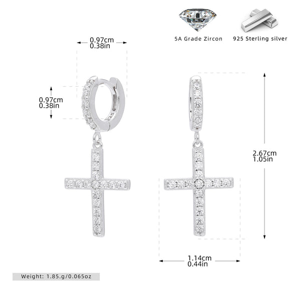 Sterling Silver Earrings With Cross Micro Inlaid Zircon Letter And Number Pattern For Women