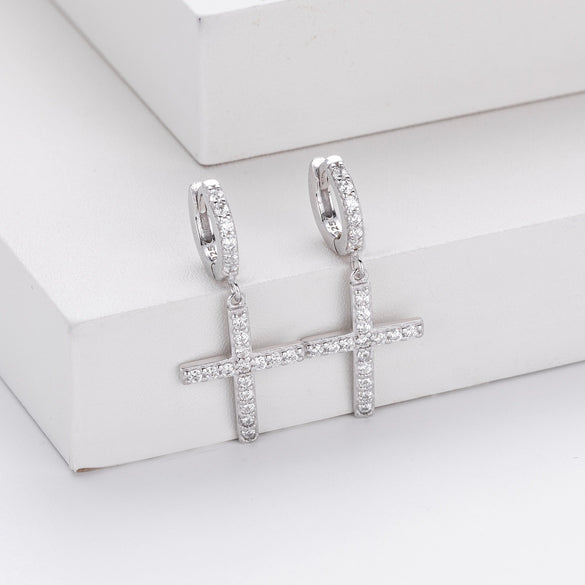 Sterling Silver Earrings With Cross Micro Inlaid Zircon Letter And Number Pattern For Women