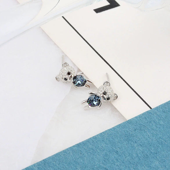 925 Sterling Silver Electroplated Bear Pendant Necklace And Stud Earrings Set For Women Fashion Jewelry