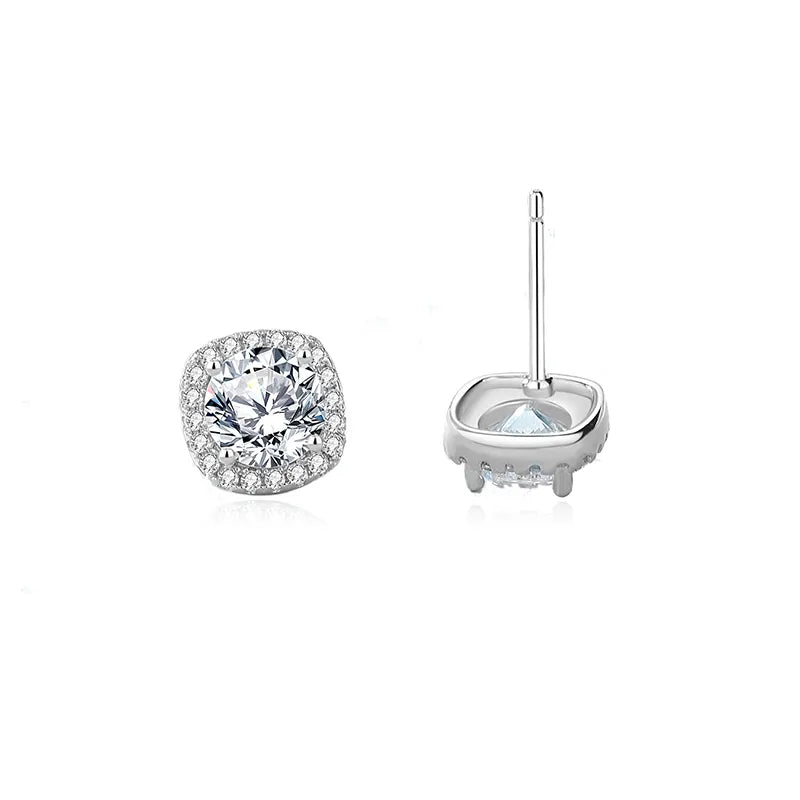 Sterling Silver Elegant Lady Classic Style Inlay Round Square Moissanite Zircon Ear Studs