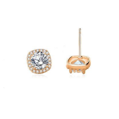 Sterling Silver Elegant Lady Classic Style Inlay Round Square Moissanite Zircon Ear Studs