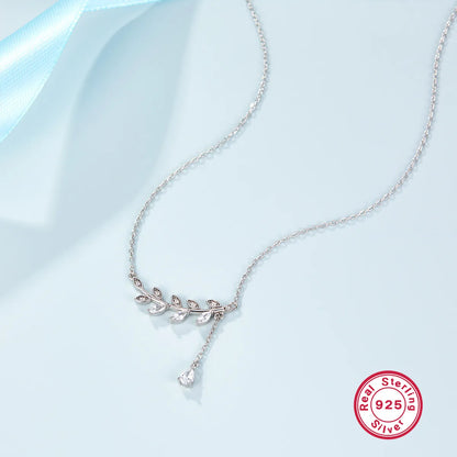 Sterling Silver Elegant Leaf Leaves Plating Inlay Zircon Pendant Necklace