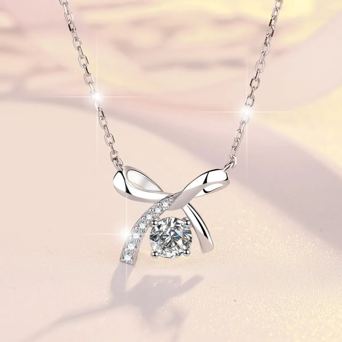 Sterling Silver Elegant Simple Style Bow Knot GRA Plating Moissanite Zircon Pendant Necklace