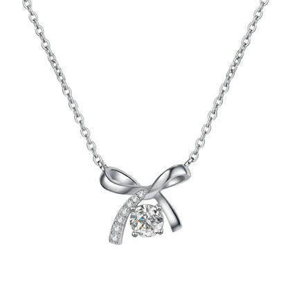 Sterling Silver Elegant Simple Style Bow Knot GRA Plating Moissanite Zircon Pendant Necklace