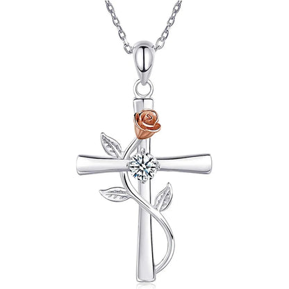 Sterling Silver Elegant Simple Style Cross Rose Plating Pendant Necklace