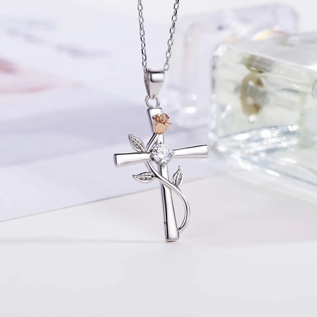 Sterling Silver Elegant Simple Style Cross Rose Plating Pendant Necklace