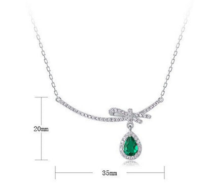 Sterling Silver Elegant Vintage Style Lady Inlay Water Droplets Bow Knot Lab-Grown Gemstone Pendant Necklace