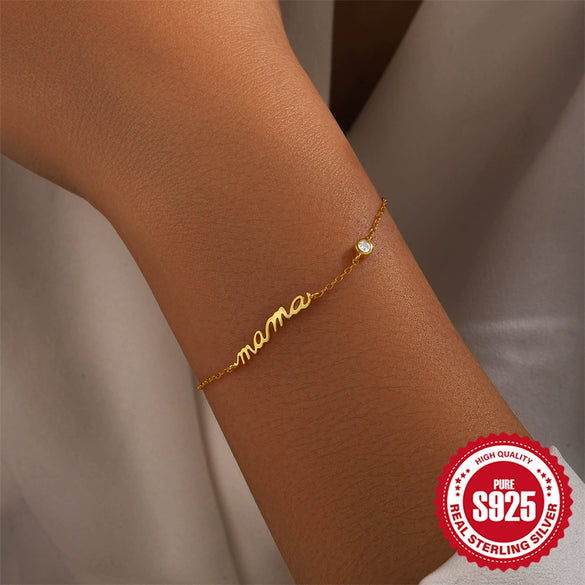 925 Sterling Silver English Letter Mama Electroplated Simple Geometric Women's Bracelet