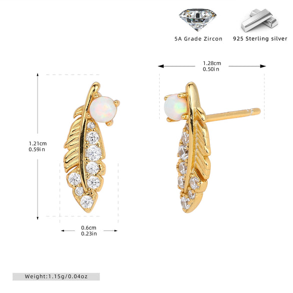 925 Sterling Silver Feather Earrings Inlaid Zircon Light Luxury Natural Design For Women