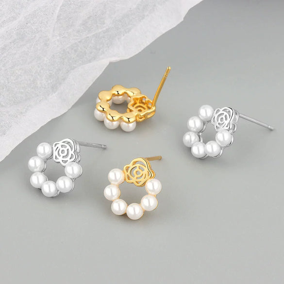 925 Sterling Silver Floral Pearl Stud Earrings Elegant Electroplated Geometric Design Jewelry For Women