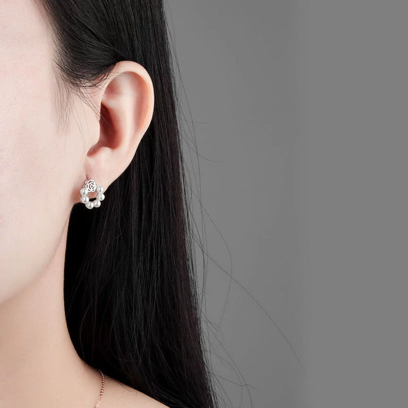 925 Sterling Silver Floral Pearl Stud Earrings Elegant Electroplated Geometric Design Jewelry For Women
