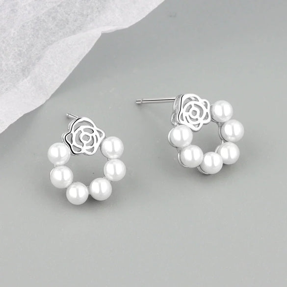 925 Sterling Silver Floral Pearl Stud Earrings Elegant Electroplated Geometric Design Jewelry For Women