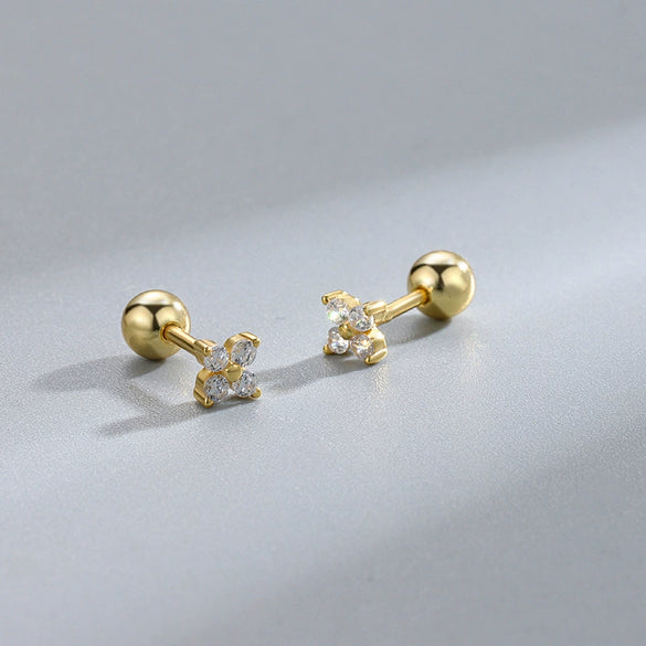 925 Sterling Silver Four Leaf Clover Flower Earrings With Diamond Accent And Gold Plated Finish Simple Women's Stud Earrings